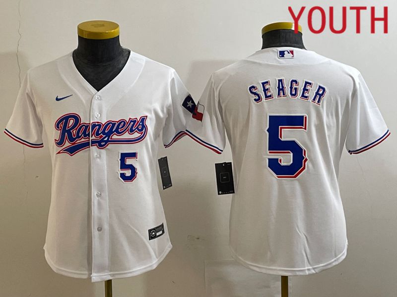 Youth Texas Rangers #5 Seager White Game Nike 2023 MLB Jersey style 3